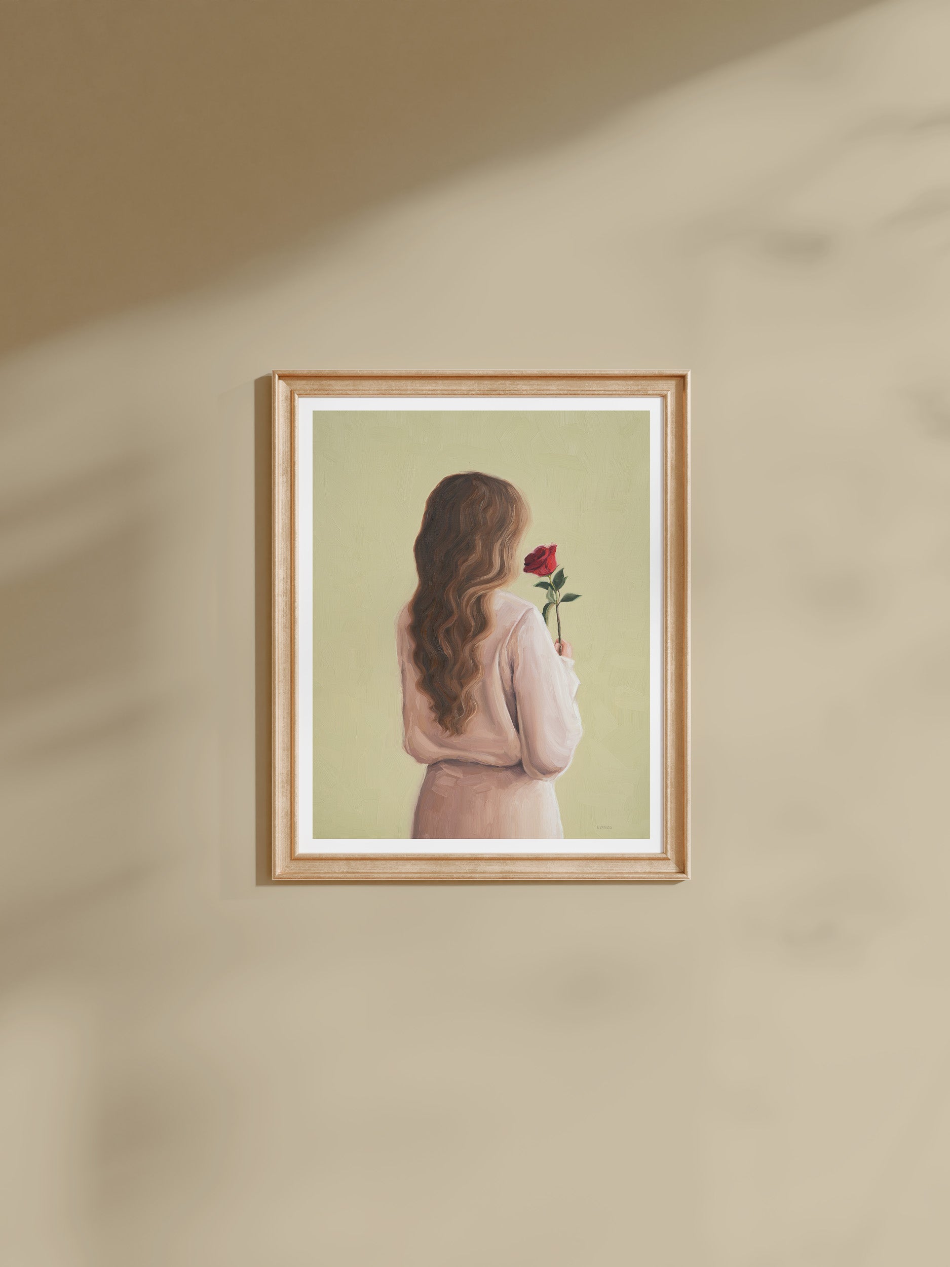 Romantic wall art, a signed open edition art print of "Girl With A Rose", capturing quiet reflection.