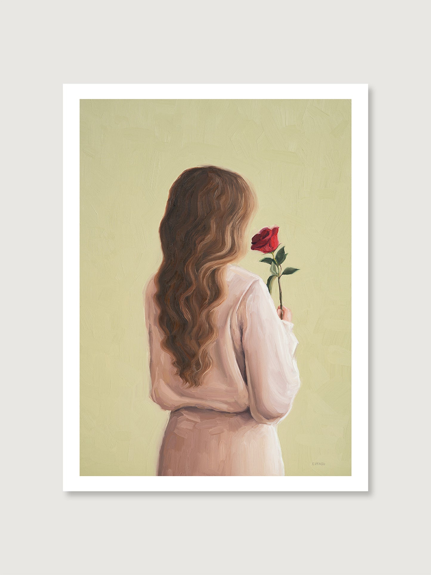 Ar print "Girl With A Rose"  featuring a woman with flowing hair holding a red rose, symbolising love and reflection.