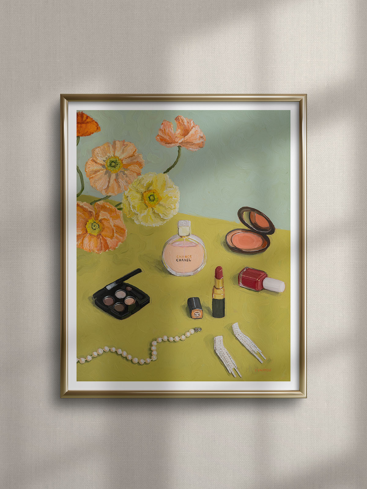 playful still life artwork framed in gold