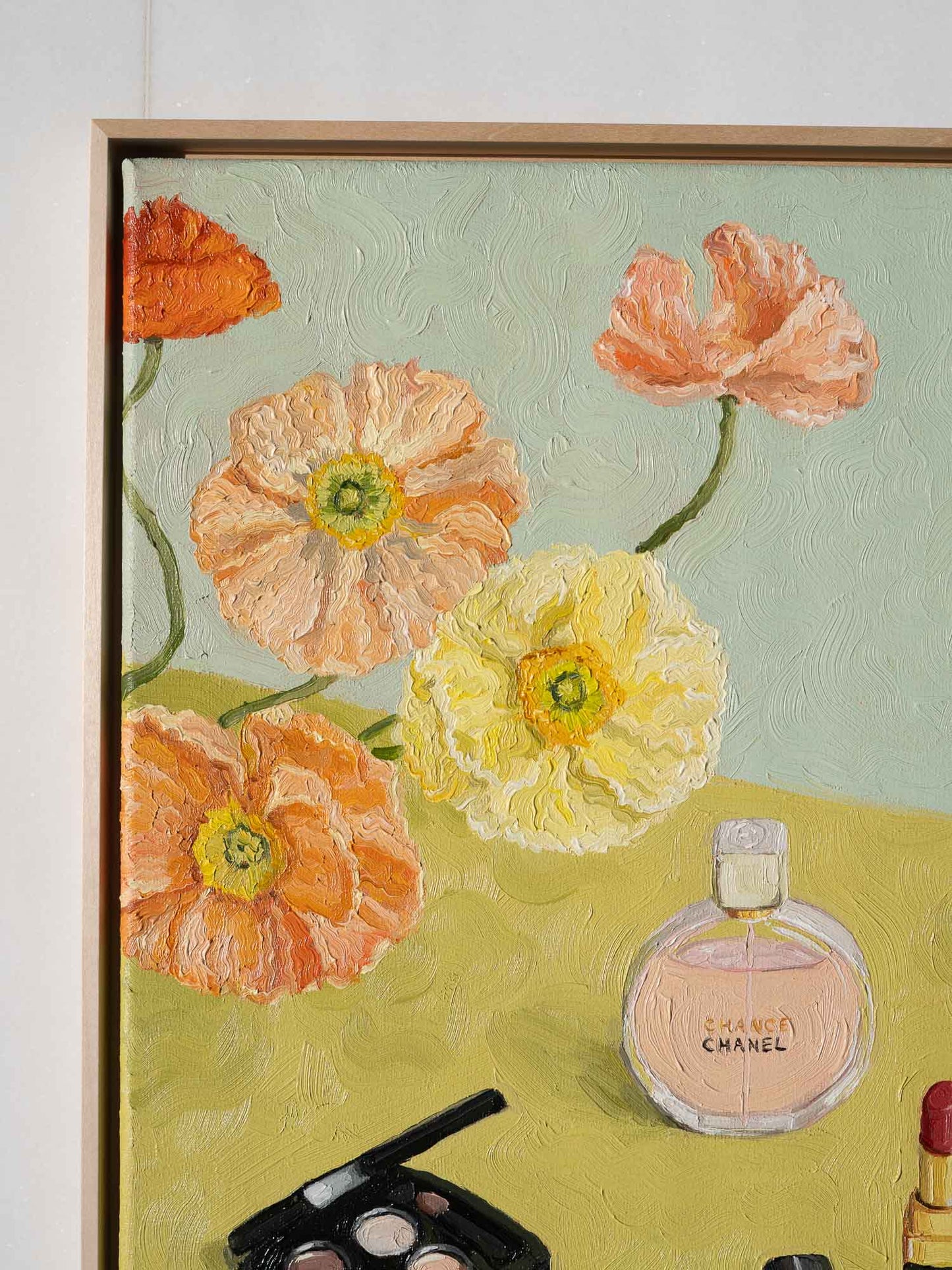 closeup of the original oil painting showing poppy flowers