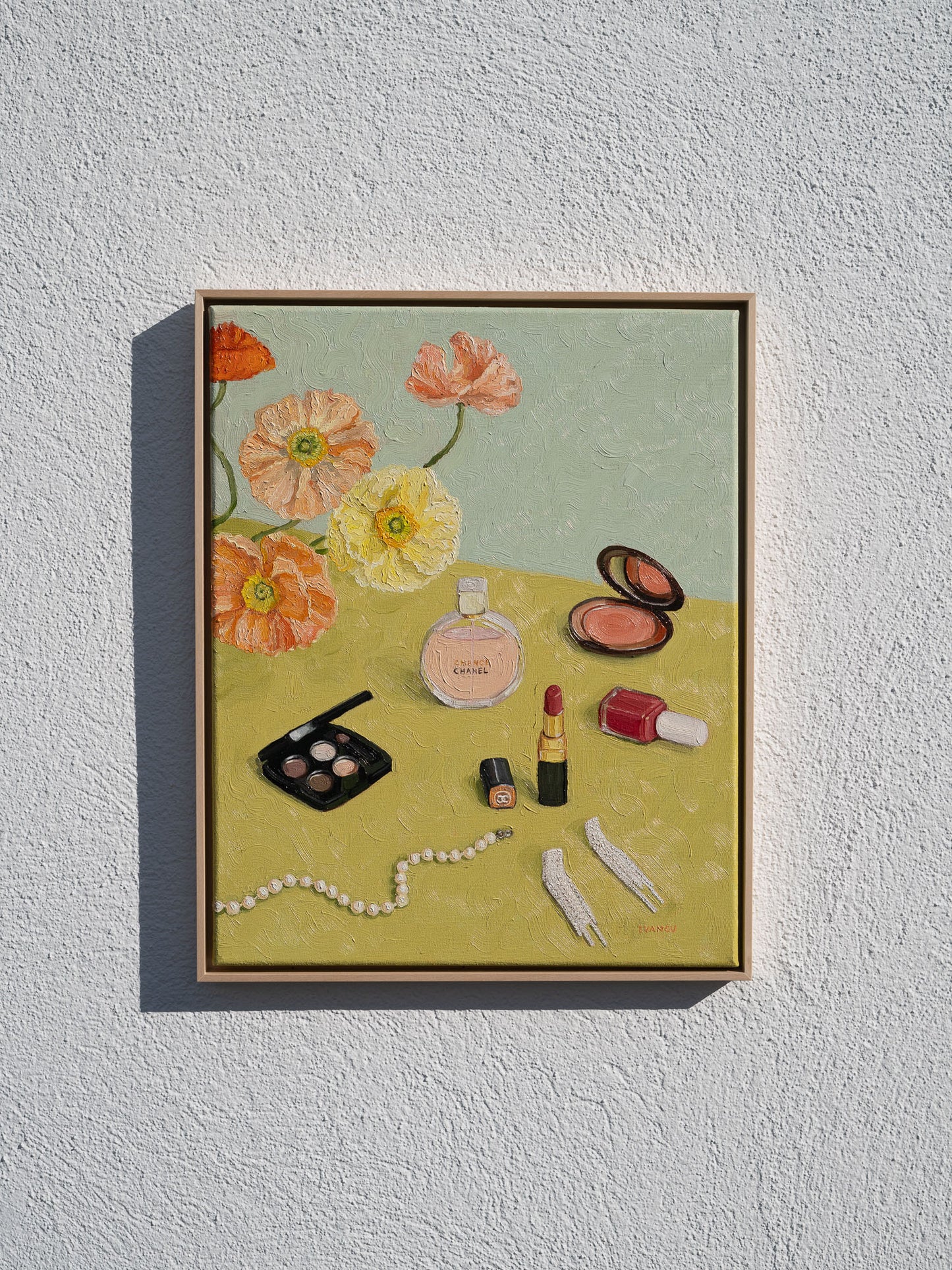 Modern still life painting featuring poppy flowers, jewelry and makeup set