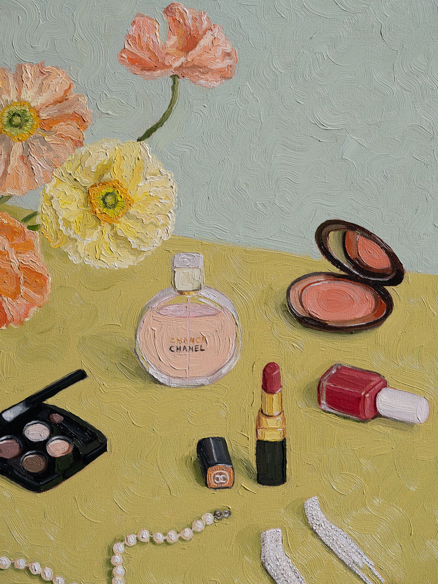 Modern still life oil painting, makeup set painting