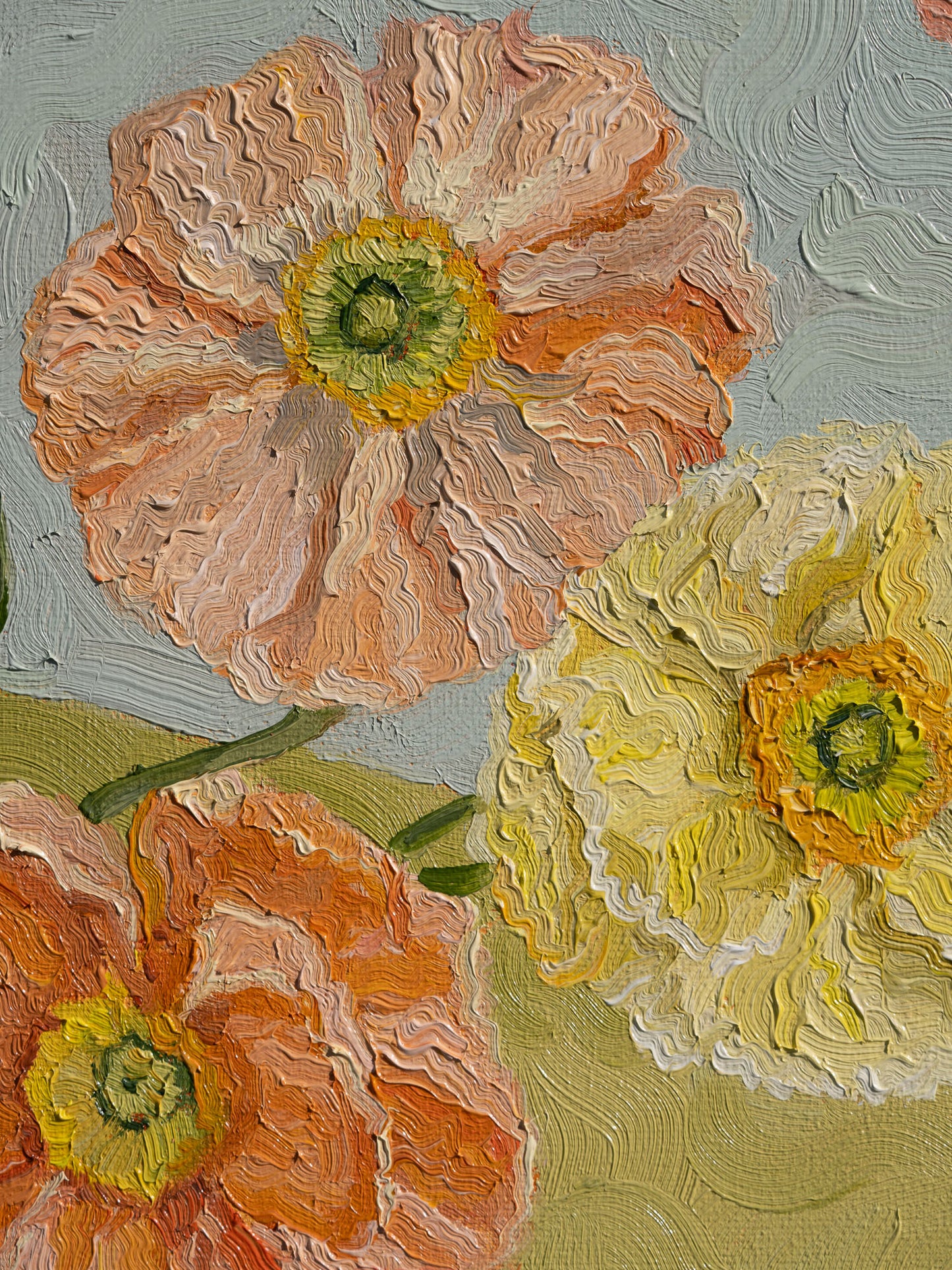 Closeup of the original oil painting showing textured brushstrokes