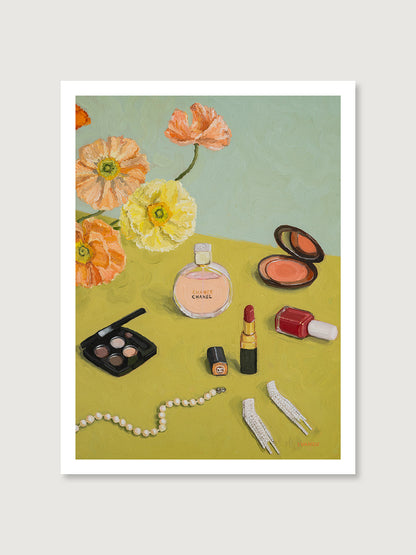 still life art print featuring poppy flowers, make-up set and jewelry