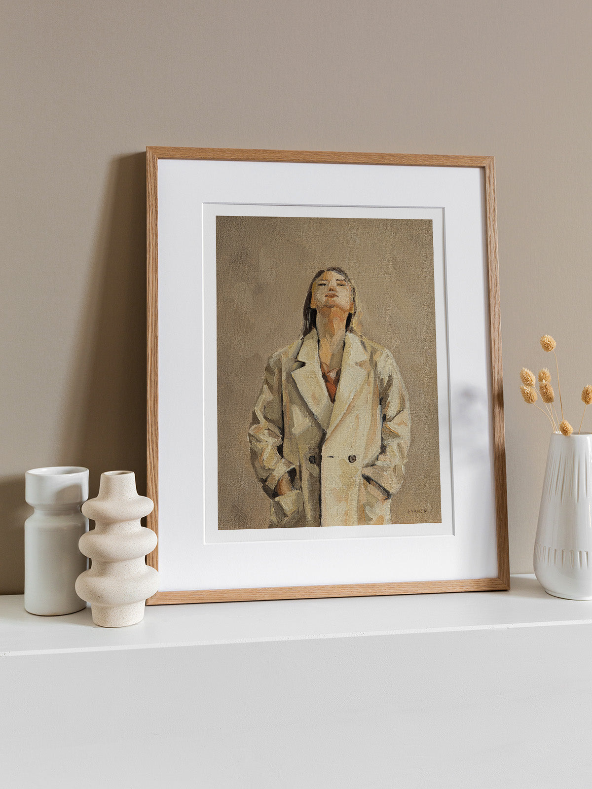 Art print of the aoriginal oil painting featuring a woman adorned in a beige coat, with her hands tucked into the pockets.