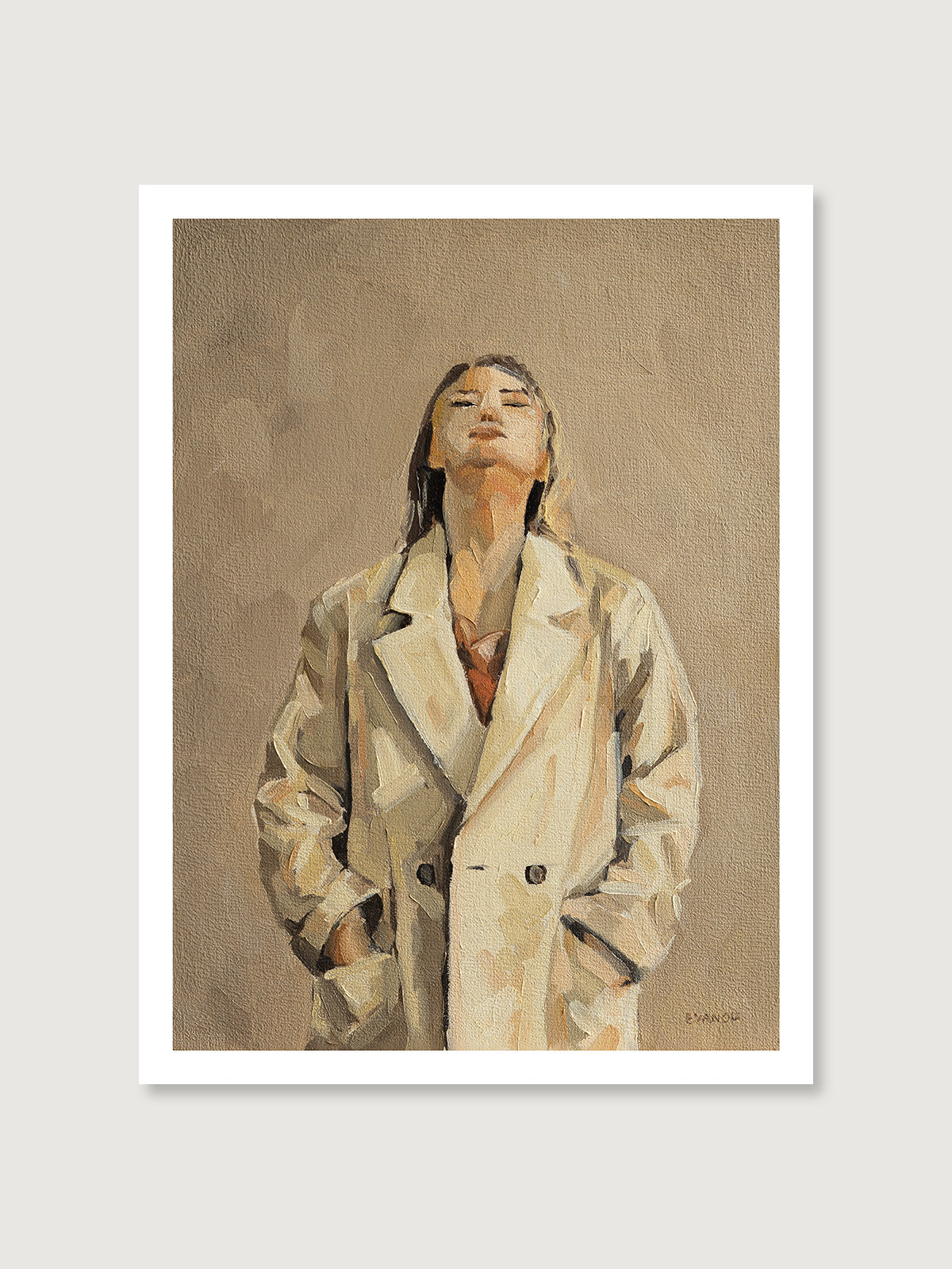 Art print of the aoriginal oil painting featuring a woman adorned in a beige coat, with her hands tucked into the pockets.