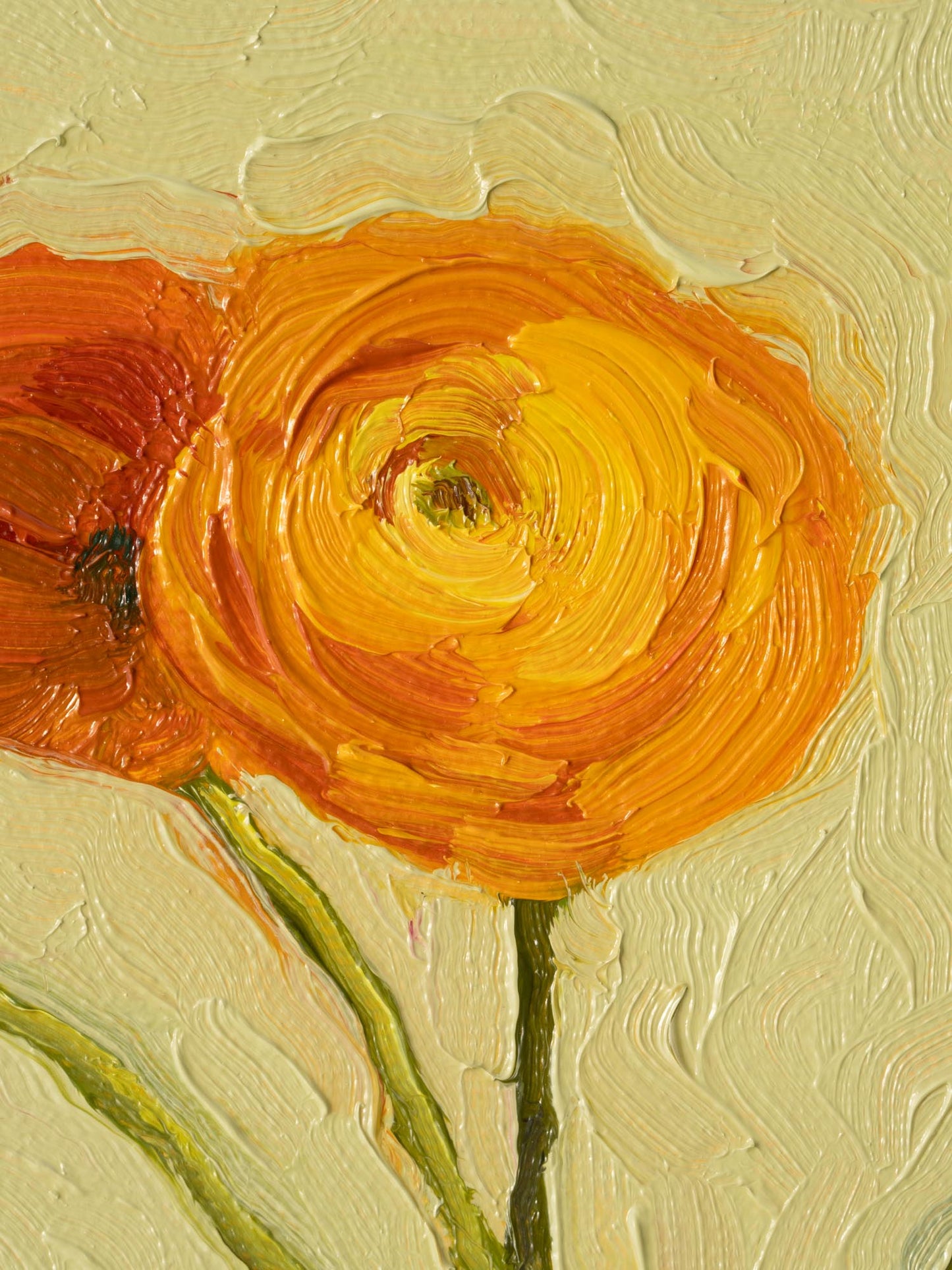 A closeup of the painting showing Ranunculus flower