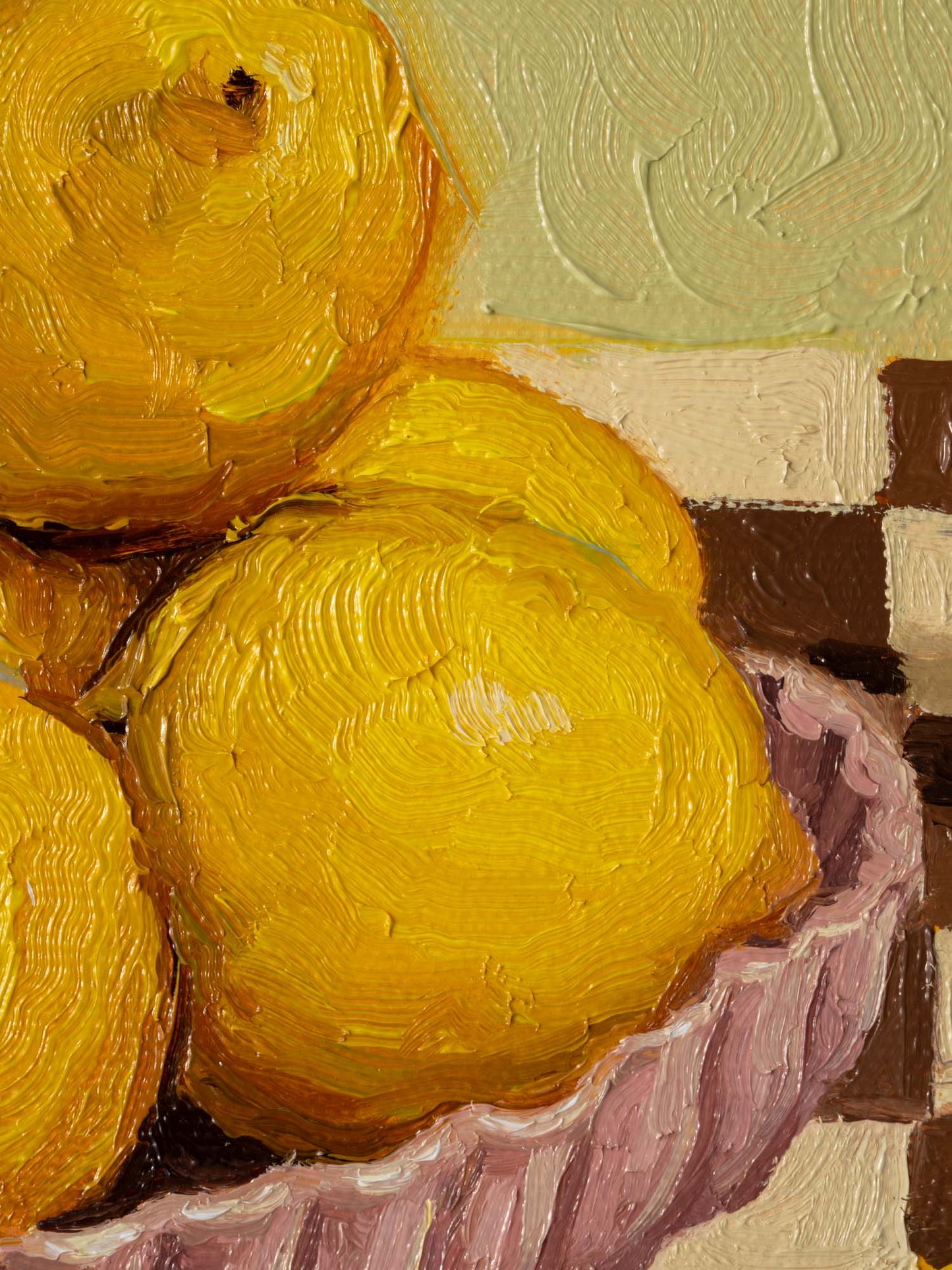 A closeup of the painting showing bright yellow lemons