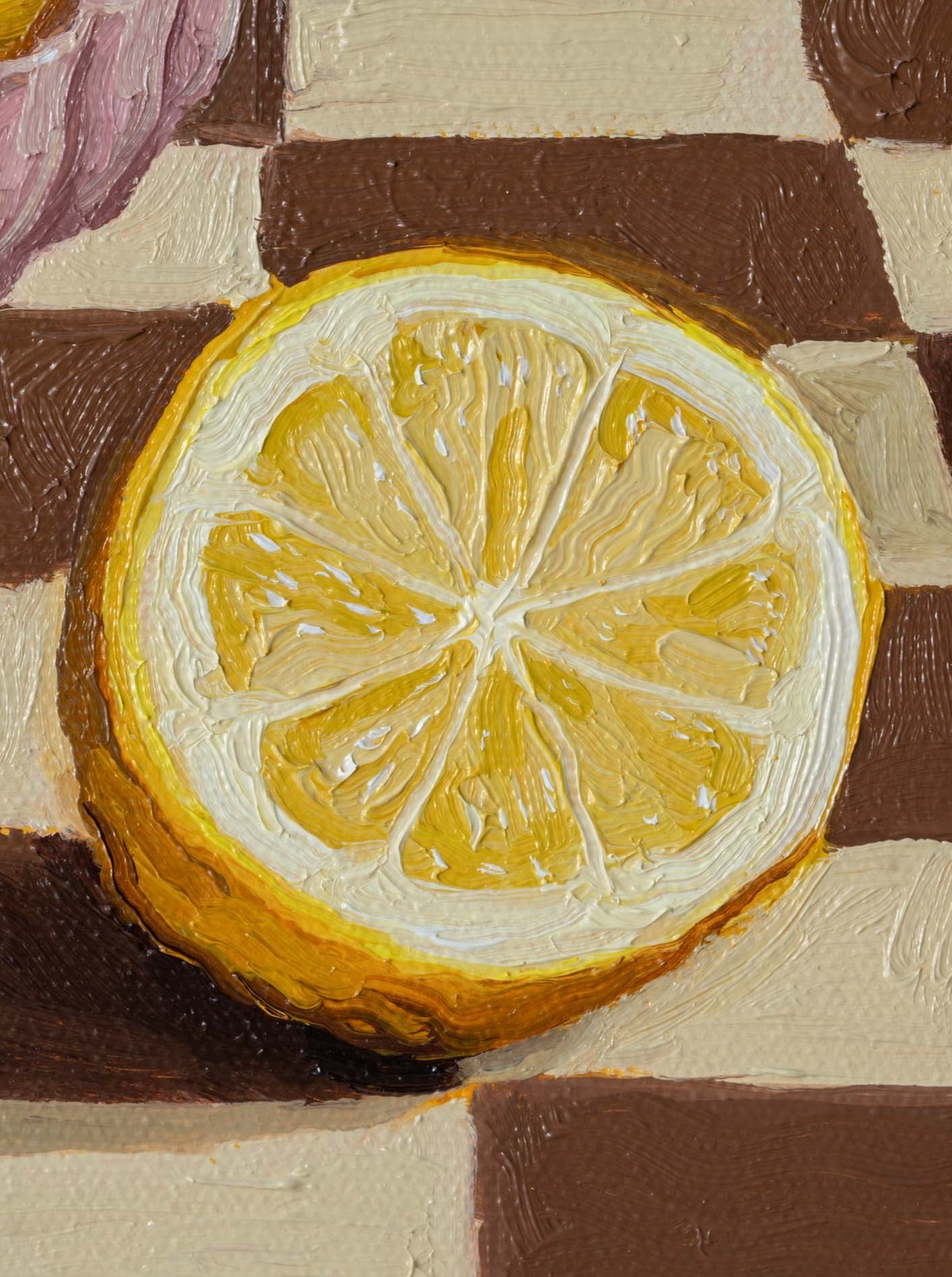 A closeup of the painting showing a painted half lemon, textured artwork