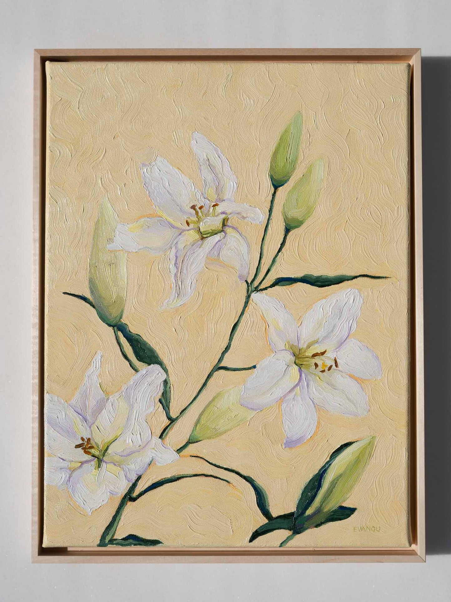 Original oil painting featuring lilies, framed in lime wood