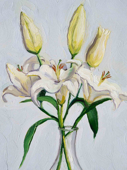 original oil painting featuring lilies in a vase