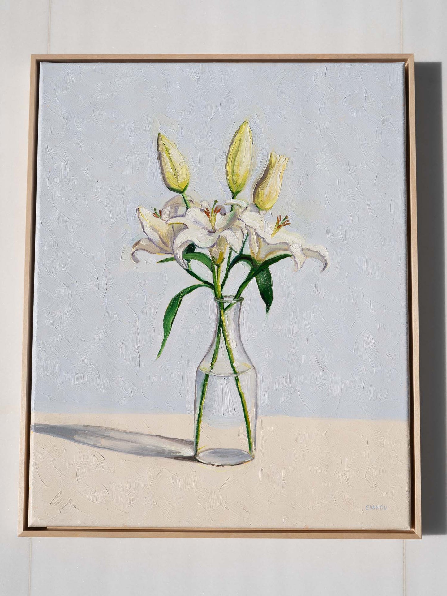 original oil painting featuring lilies in a vase, set against light blue background