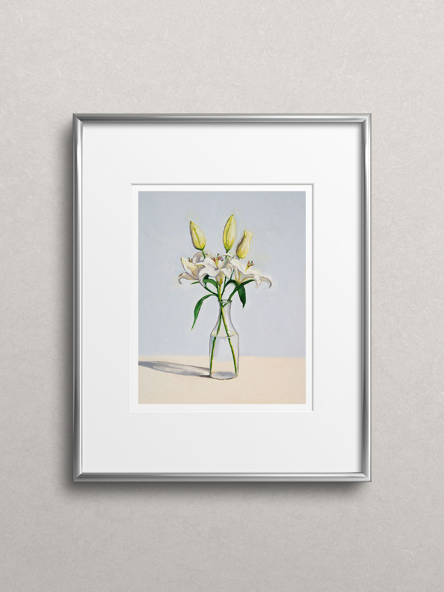 light blue art print featuring white lilies framed in silver