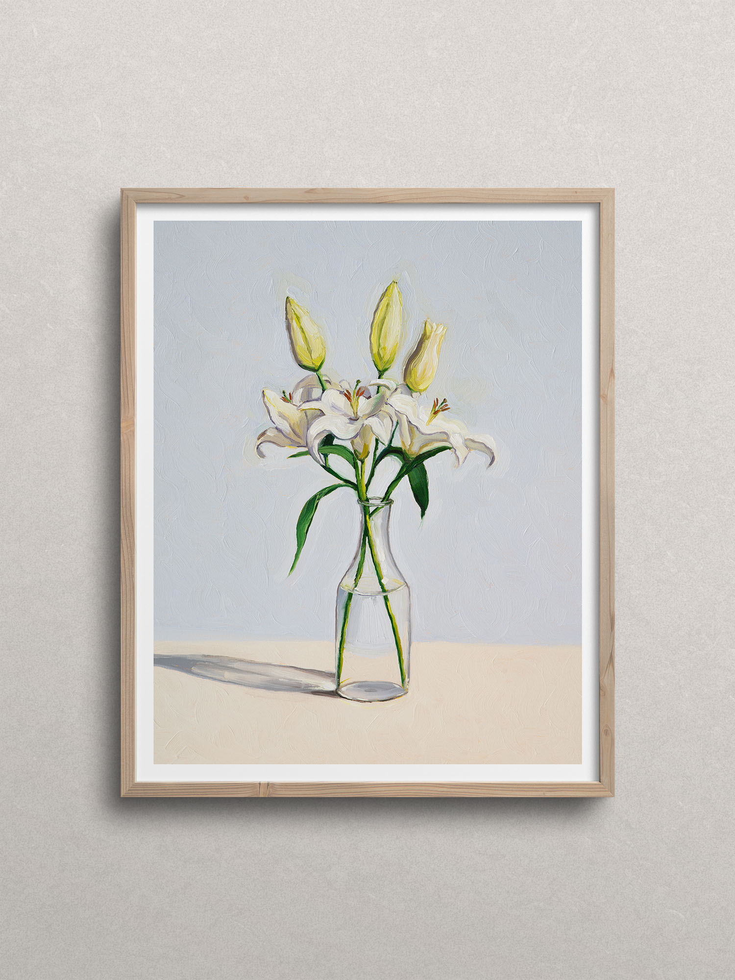 lilies in a vase art print framed in natural wood