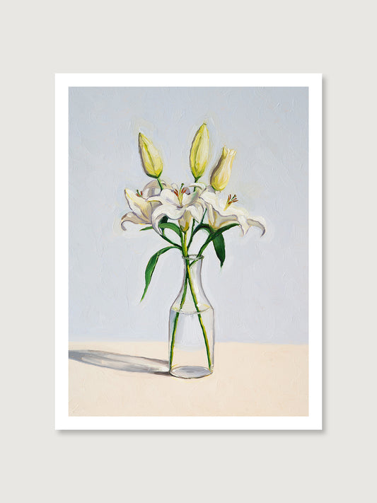 art print featuring white lilies in a glass vase set against light blue background