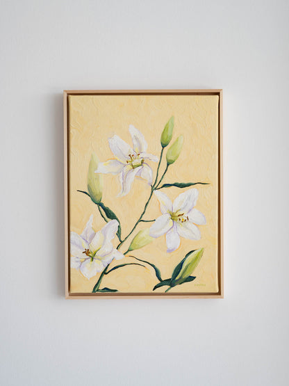 lilies original oil painting, framed in lime wood, pastel yellow art