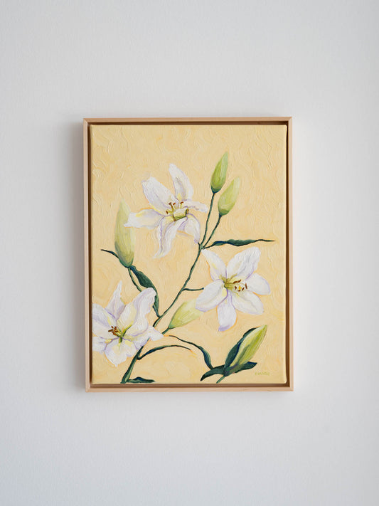 lilies original oil painting, framed in lime wood, pastel yellow art