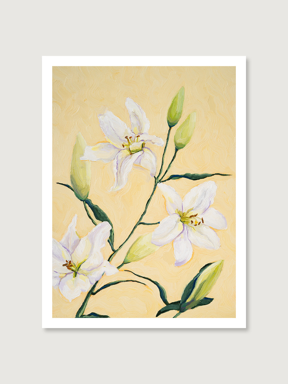 Yellow art print featuring white lilies