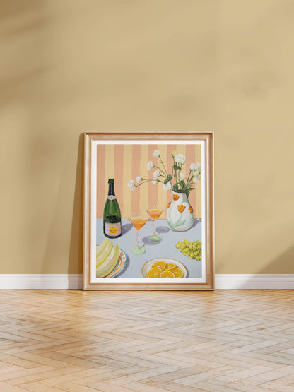 Colorful still life print of champagne, fresh fruits, and flowers for home decor