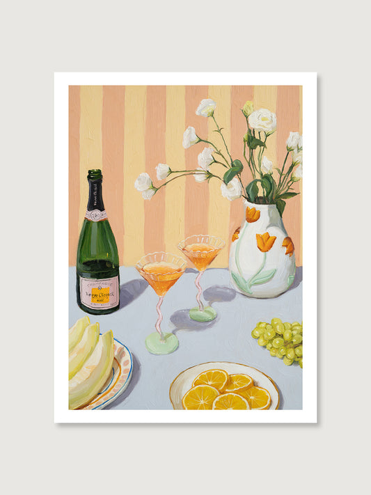 High-quality art print of Love At First Sip painting featuring champagne and fruits