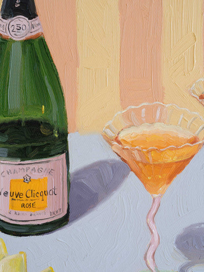 Colorful still life painting with champagne and fresh fruits by contemporary artist