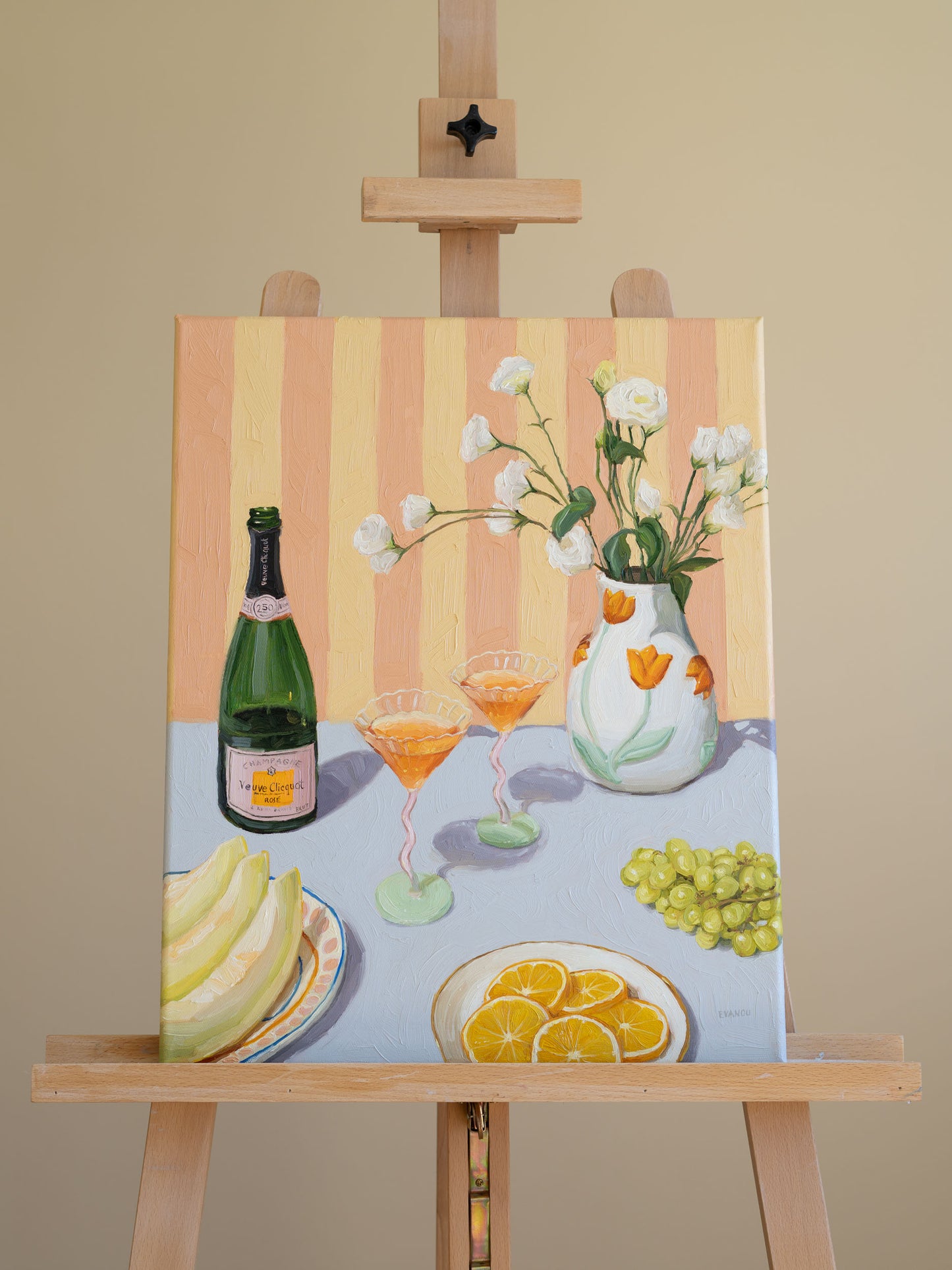 Unique still life artwork Love At First Sip showcasing champagne and fruit celebration