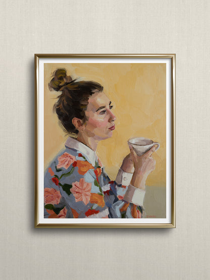 Portrait art featuring a woman holding a cup