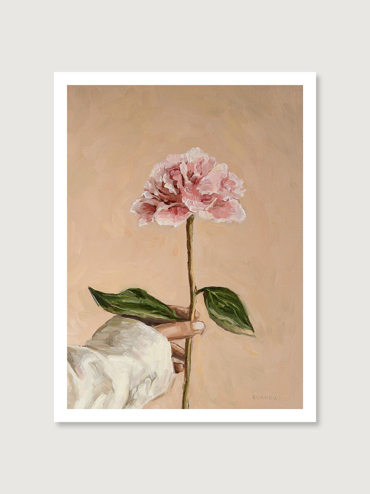 Art print picturing a hand holding a peony flower.