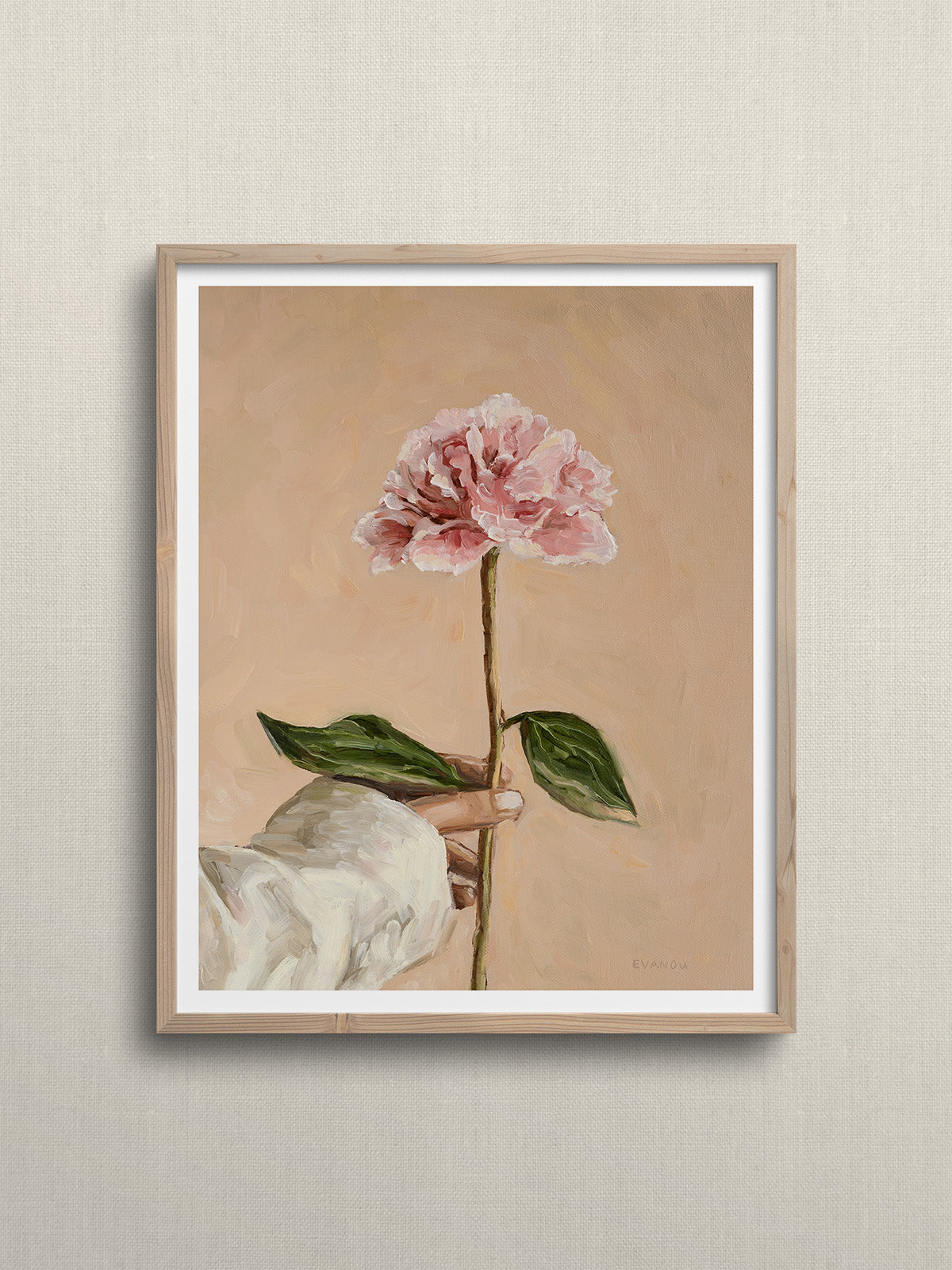 Art print picturing a hand holding a peony flower.