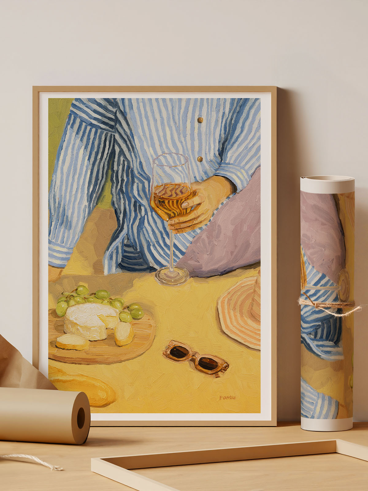 picnic art print framed in natural wood