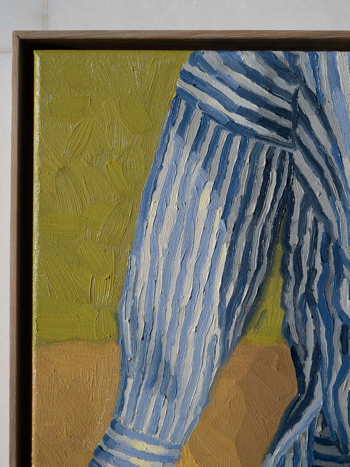 Fine art with yellow green blue pink palette, Stripy shirt woman in painting