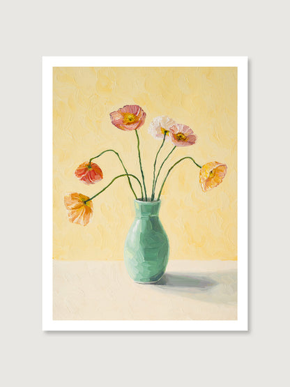 yellow art print featuring poppies in a vase