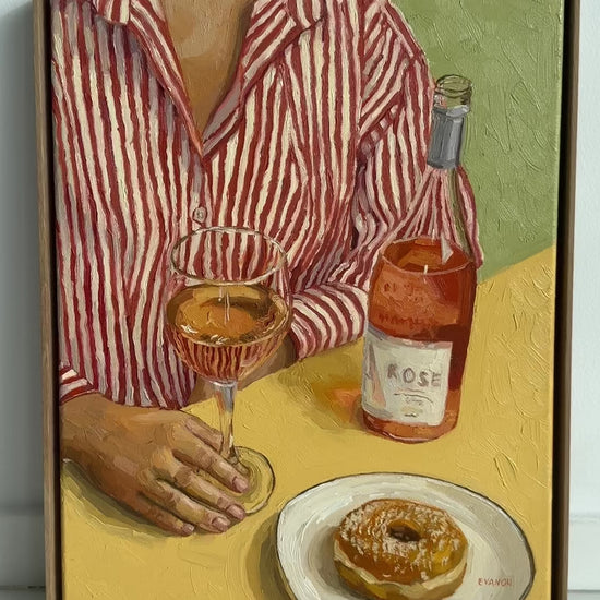 Woman with Rosé wine and donut art, Kitchen table scene artwork