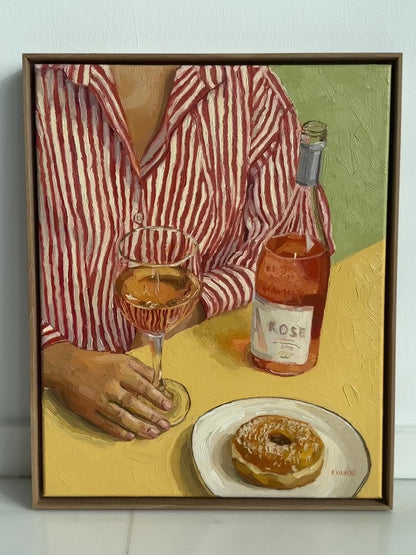 Woman with Rosé wine and donut art, Kitchen table scene artwork