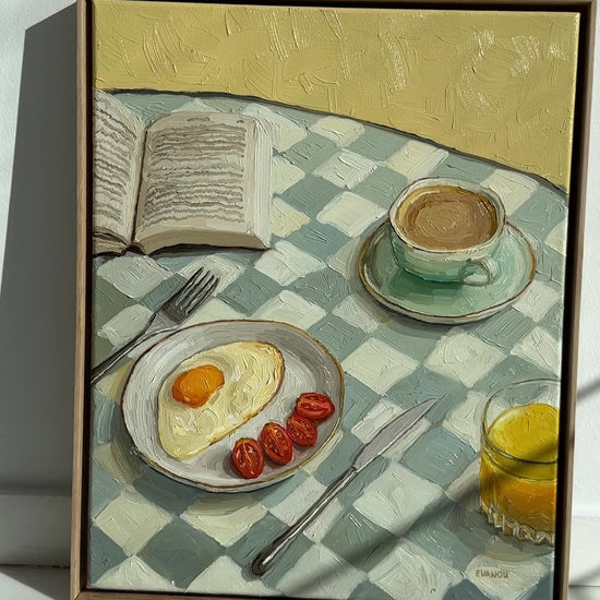 Cozy breakfast setup art for sale, Warm yellow breakfast painting, Kitchen art with coffee and eggs