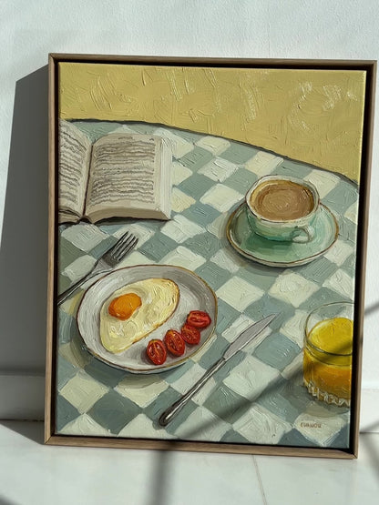 Cozy breakfast setup art for sale, Warm yellow breakfast painting, Kitchen art with coffee and eggs