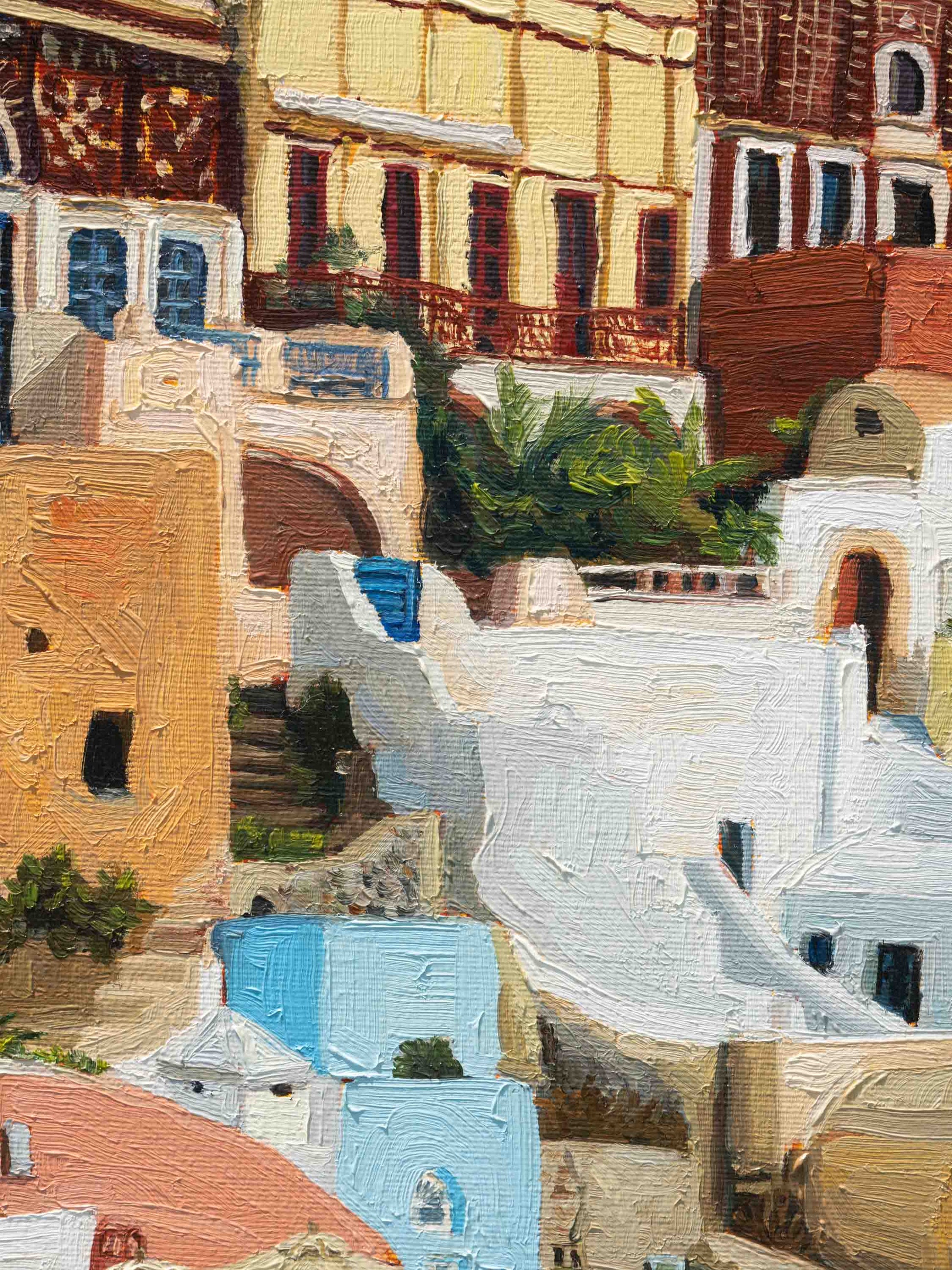 "Santorini I" is an original oil painting showcasing the iconic architecture of Santorini island.