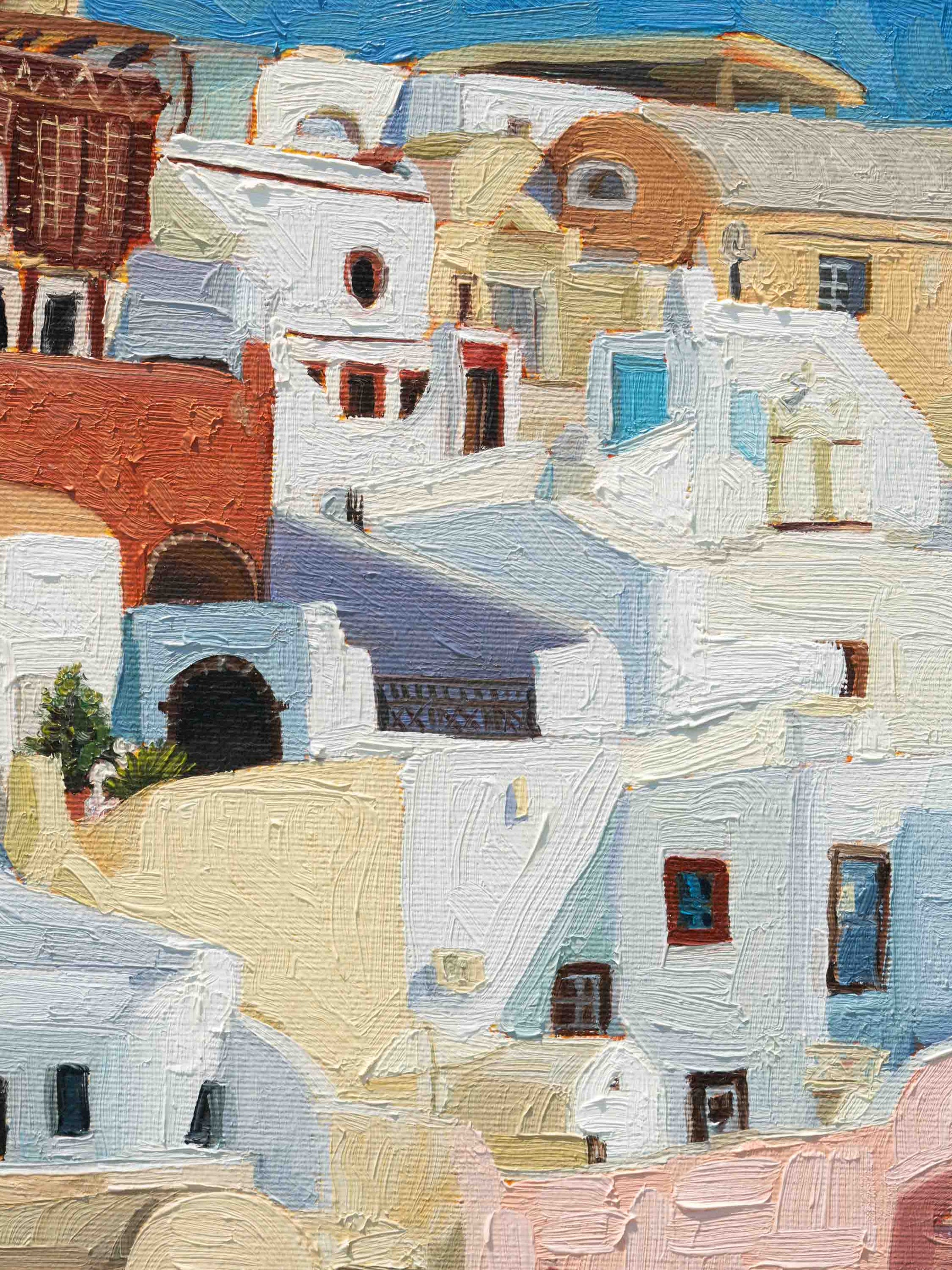 "Santorini I" is an original oil painting showcasing the iconic architecture of Santorini island.