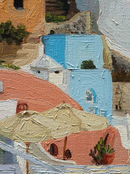 "Santorini I" is an original oil painting showcasing the iconic architecture of Santorini island.