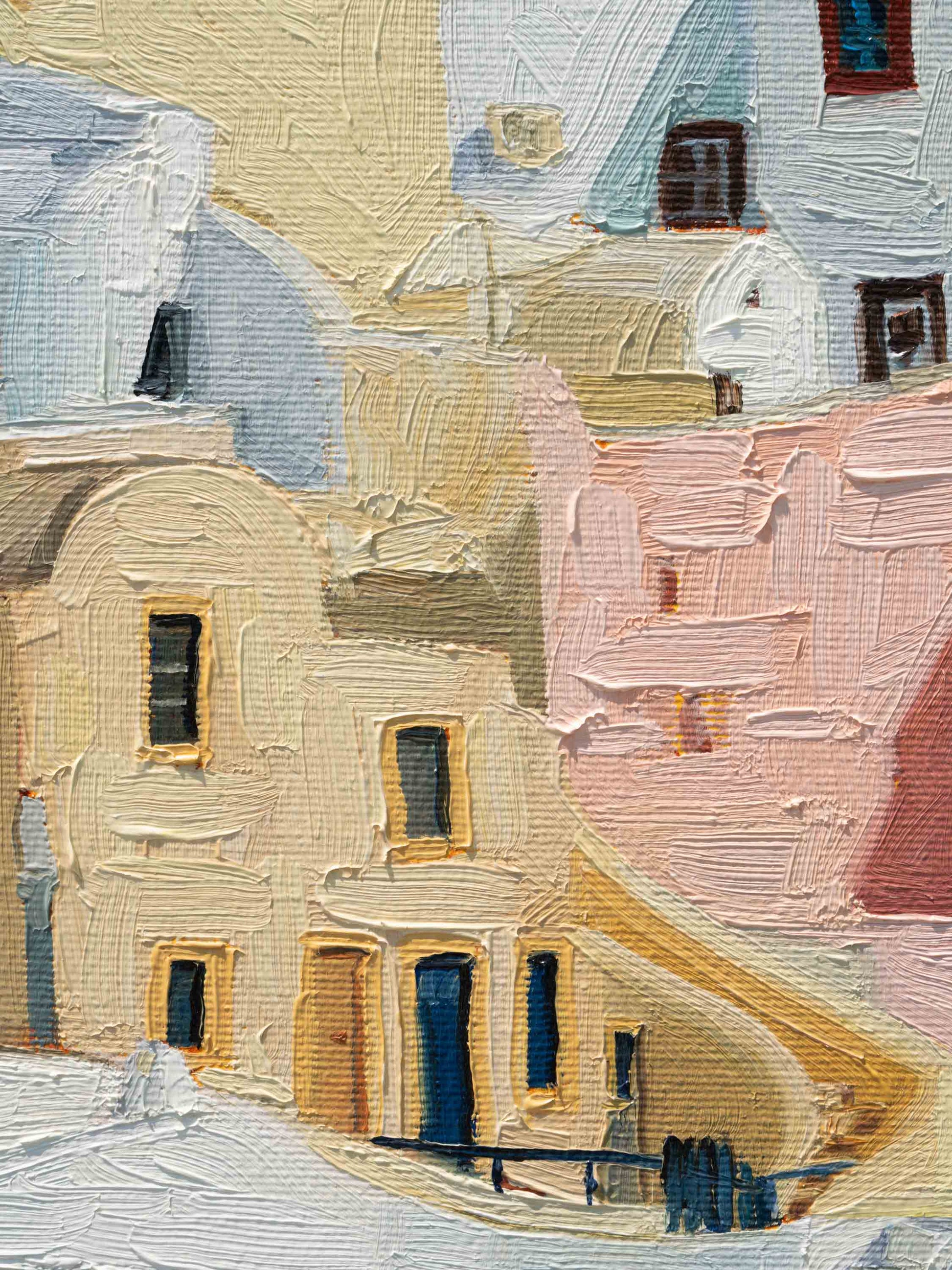 "Santorini I" is an original oil painting showcasing the iconic architecture of Santorini island.