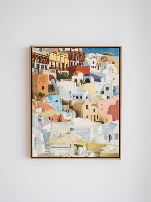 "Santorini I" is an original oil painting showcasing the iconic architecture of Santorini island.