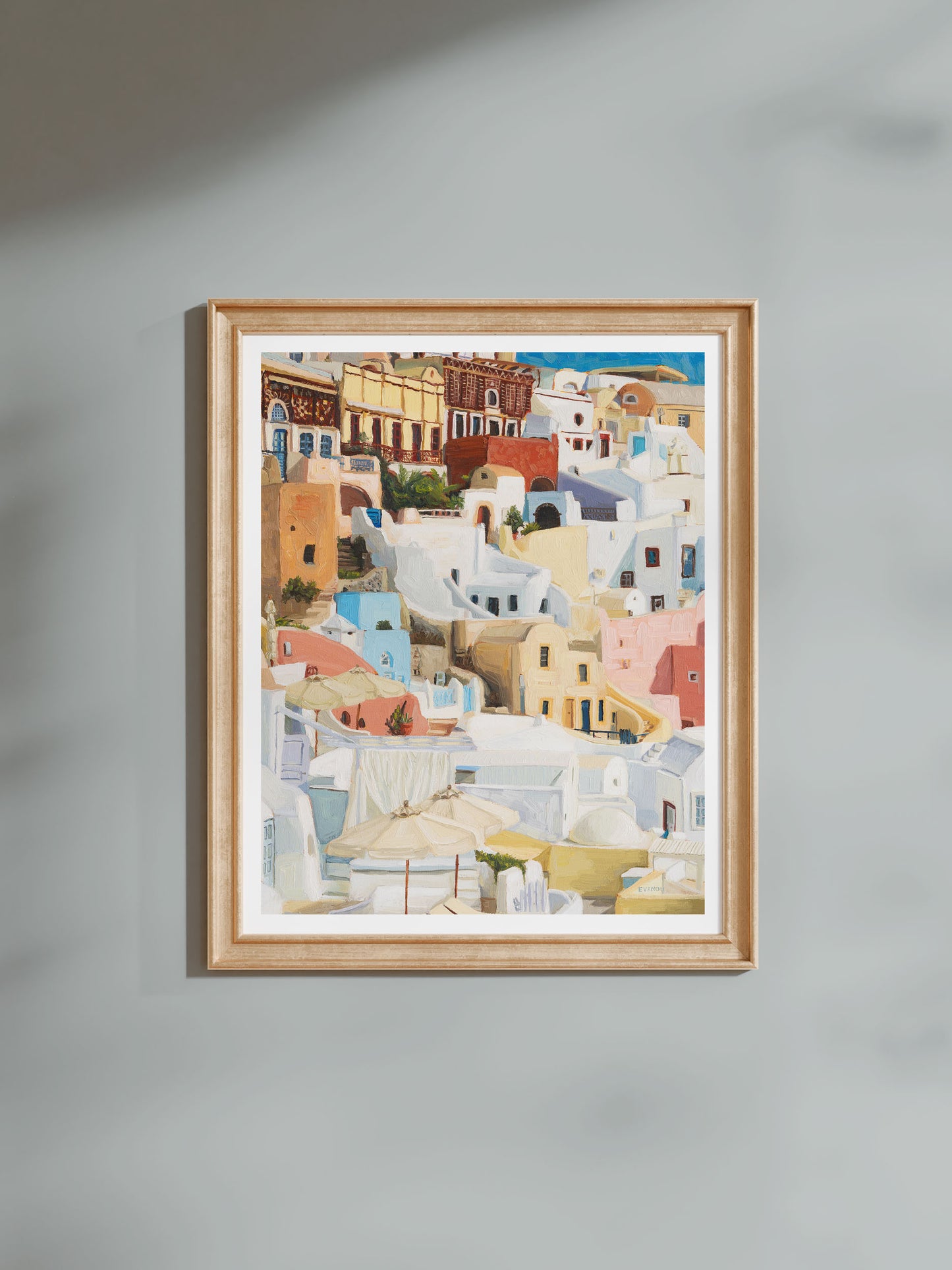 Art print of the original oil painting "Santorini I"&nbsp;showcasing the iconic architecture of Santorini island.&nbsp;Featuring the island’s&nbsp;picturesque scenery, this art print would be like a mini-vacation on your wall.&nbsp;A perfect addition for anyone who loves travel and fine art.