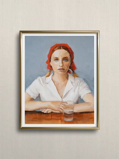 Art print of the original oil painting featuring a woman seated at a table