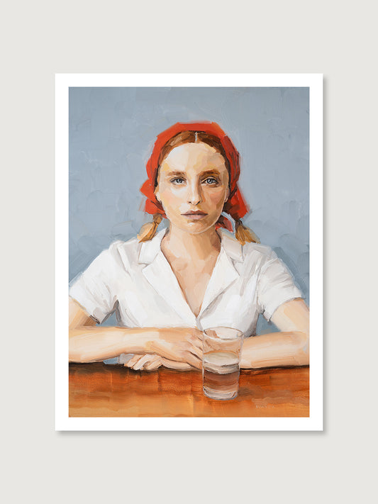 Art print of the original oil painting featuring a woman seated at a table