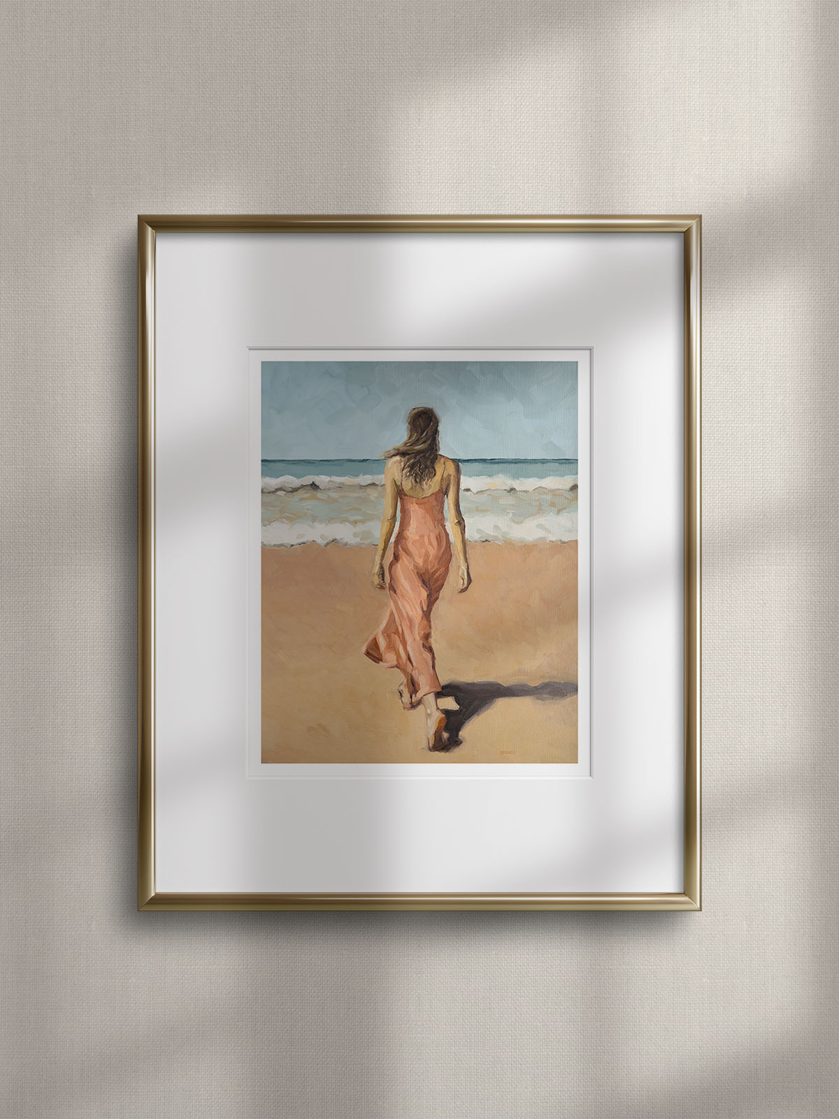 beach art, woman walking on the beach