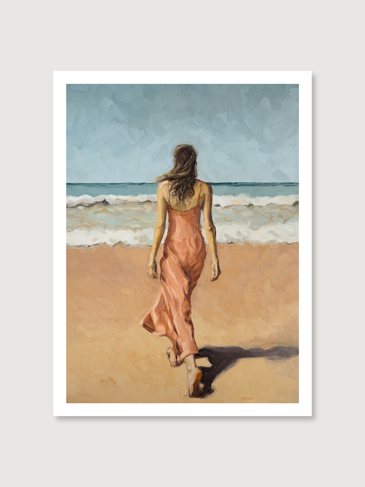 Art print of the original oil painting picturing a woman walking on the beach