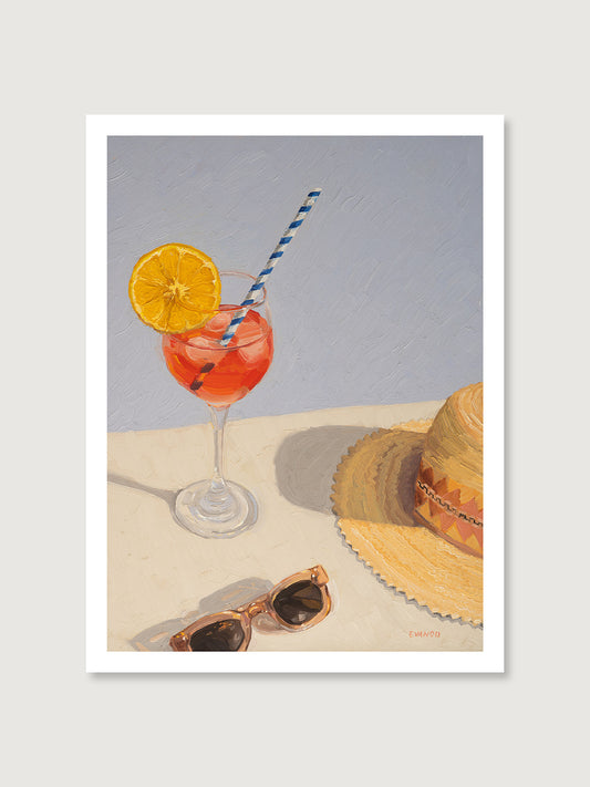 Summer theme art print featuring a drink, sun hat, sunglasses