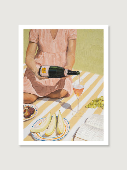 Art print of "Summer Sweetness" featuring a vibrant summer picnic scene with champagne.