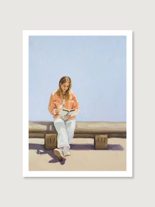 Art print of the original oil painting “The Reader.” Inspired by my trip to Madrid with my sister, when she peacefully sat on a bench in a park to read her book. Given that nowadays we spend most of our time glued to screens, I wanted to pay tribute to the quiet joy of reading.&nbsp;